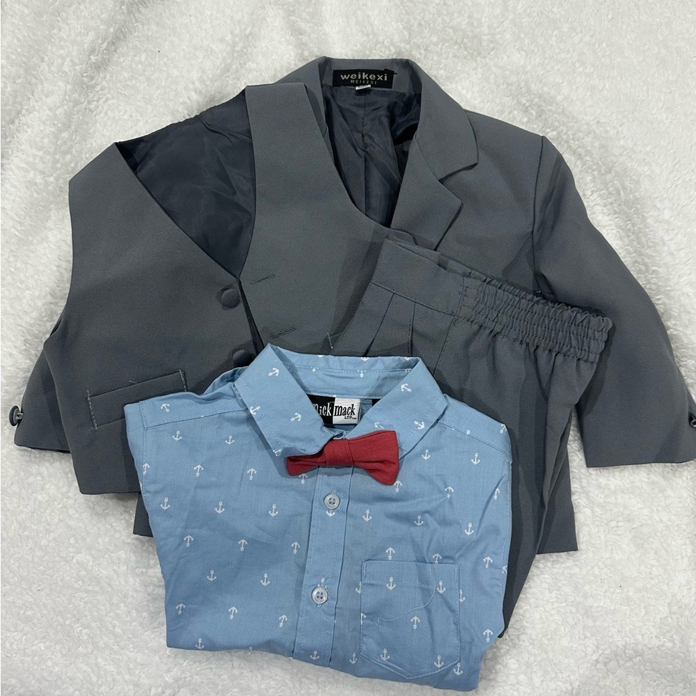 Gray Suit Set with Blue Shirt and Red Bow Tie